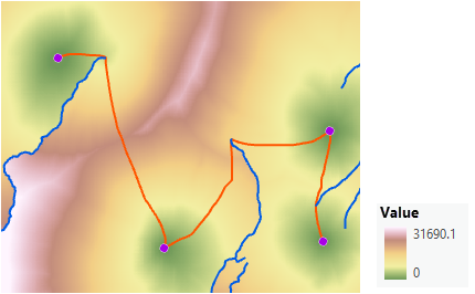 Mapa de una red óptima sobre la superficie de coste-distancia