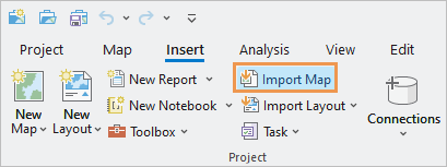 La cinta de ArcGIS Pro que muestra el comando Importar mapa.