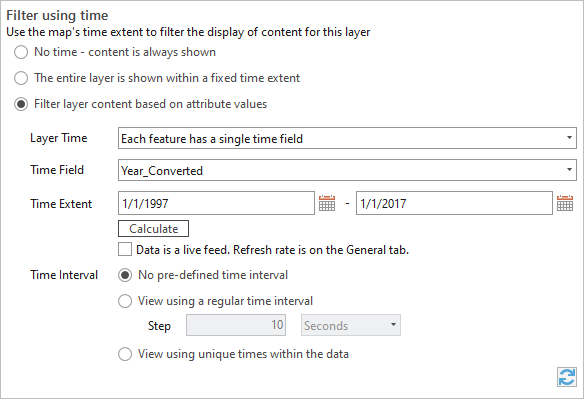 Cuadro de diálogo Propiedades de capa con configuración de tiempo