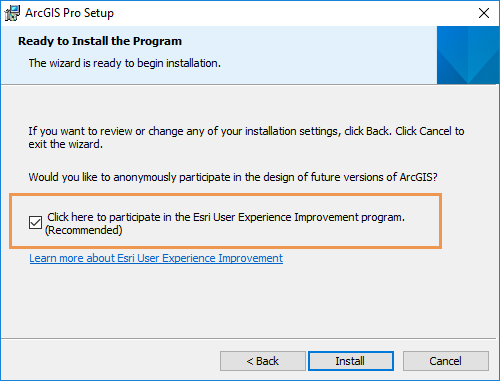 La casilla de verificación del programa Esri User Experience Improvement está activada en el panel del asistente de instalación.