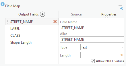 Lista de campos de salida en la asignación de campos