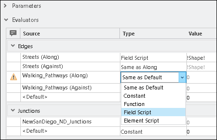 Cambiar el evaluador de Walking_Pathways (a lo largo) a Script de campo