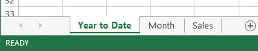 Tres hojas de cálculo tal como aparecen en la pestaña Hoja en la parte inferior de la ventana de Excel