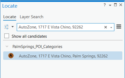 Resultado de la búsqueda de nombre de lugar de POI con dirección completa y código postal en el panel Localizar