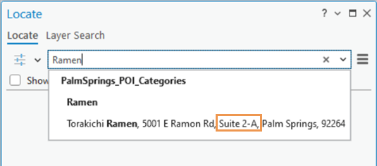 Sugerencia para autocompletar que muestra subdirecciones después de introducir la categoría POI o el nombre del lugar.