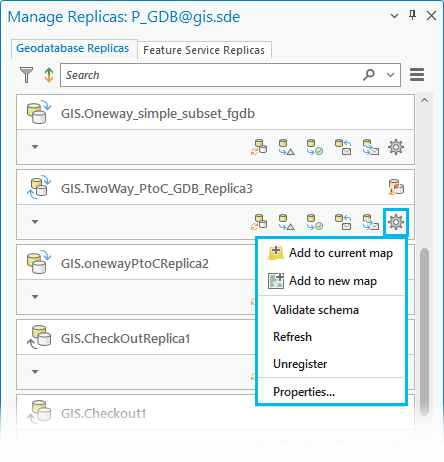 Las opciones disponibles para las réplicas de geodatabase con el botón Opciones