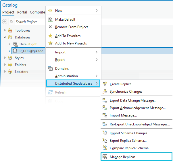 Administrar réplicas en el menú contextual Geodatabase distribuida