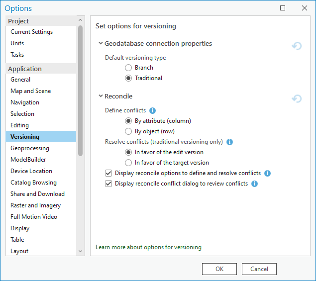 Pestaña Opciones de versionado de la configuración del proyecto de ArcGIS Pro.