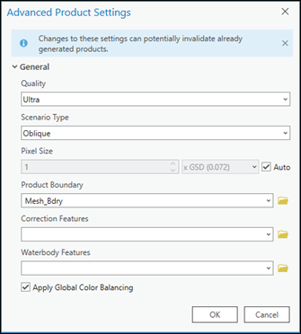 Ventana Configuración avanzada de productos para datos aéreos oblicuos