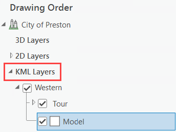 En la categoría Capas KML del panel Contenido, el archivo KML Occidental incluye los nodos Recorrido y Modelo.