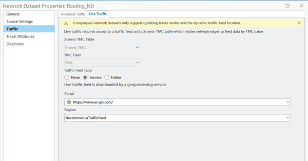 Cuadro de diálogo Propiedades de dataset de red para Routing_ND que muestra la configuración de tráfico en vivo