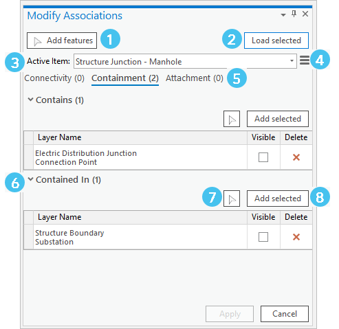 Elementos del panel Modificar asociaciones