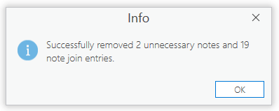 Success message detailing removed notes and note join entries