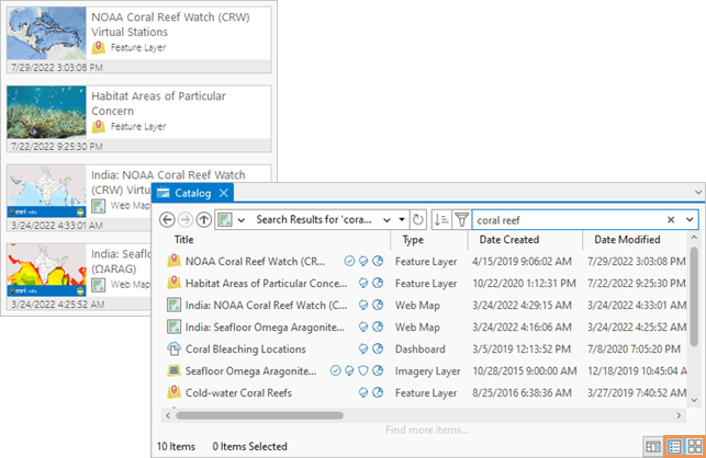 La vista de catálogo de los elementos de Living Atlas of the World de ArcGIS se muestran como teselas y en columnas