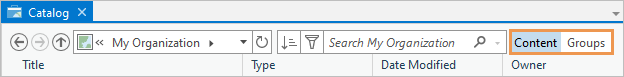 Los botones Contenido y Grupos se muestran junto al cuadro de búsqueda en la vista de catálogo