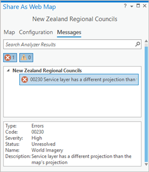 Mensaje de error del analizador en el panel Compartir como mapa web