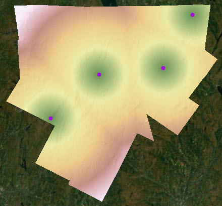 Mapa de distancia en línea recta calculada desde cuatro puntos