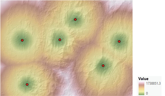 Mapa de coste-distancia acumulativo desde seis puntos