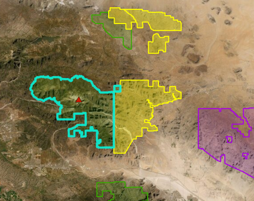 Entidad Área silvestre de San Gorgonio seleccionada en el mapa.