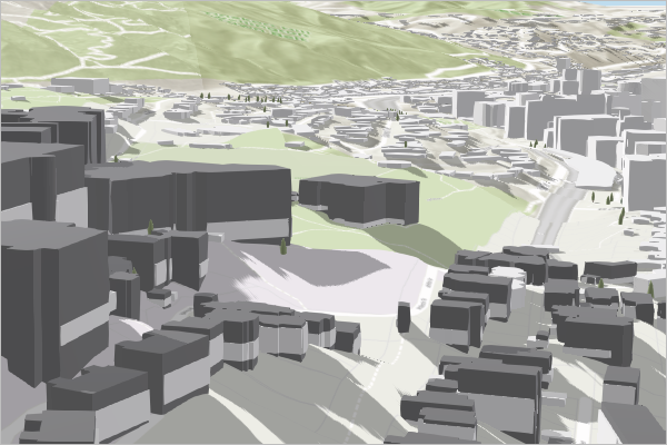 Escena que muestra edificios de ambas capas en el mismo espacio geográfico