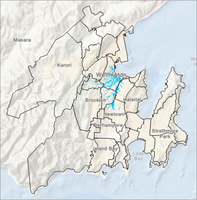 Mapa de límites de área residencial y zona de riesgo de inundaciones