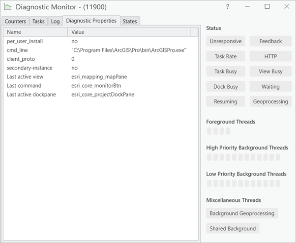 Pestaña Propiedades de diagnóstico en Monitor de diagnóstico