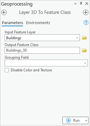 Panel de geoprocesamiento De capa 3D a clase de entidad.