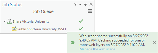 Panel Estado de trabajo que muestra el trabajo completado y el mensaje de proceso correcto en el panel Compartir como escena web