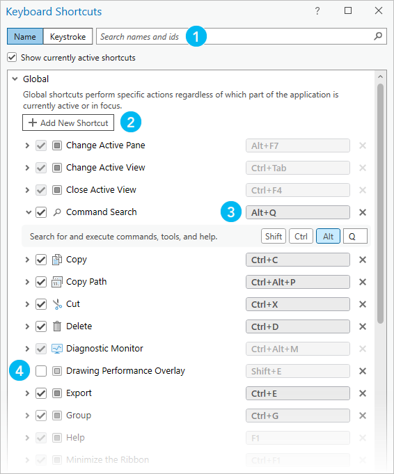 Cuadro de diálogo Accesos directos del teclado en el que se muestran accesos directos globales