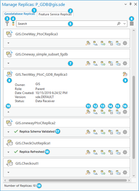 Elementos de la pestaña Réplicas de geodatabase