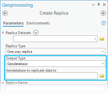 Al utilizar la herramienta de geoprocesamiento Crear réplica, el Tipo de salida se puede configurar en Geodatabase, XML o Nueva geodatabase de archivos.