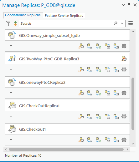 El panel Administrar réplicas que muestra réplicas de geodatabase