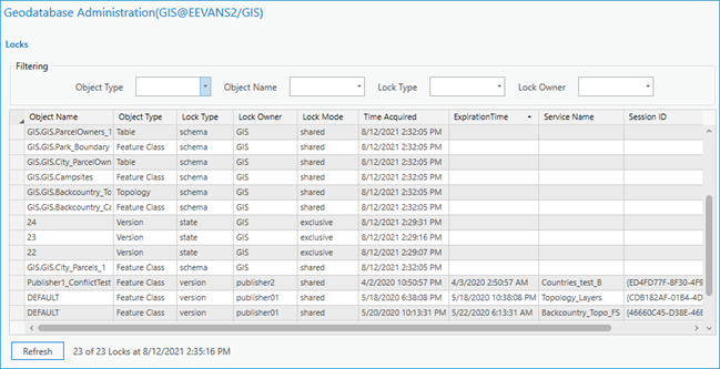 Vista Bloqueos del cuadro de diálogo Administración de geodatabase