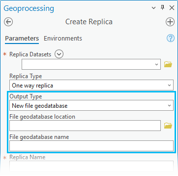 Al utilizar la herramienta de geoprocesamiento Crear réplica, el Tipo de salida se puede configurar en Geodatabase, XML o Nueva geodatabase de archivos.