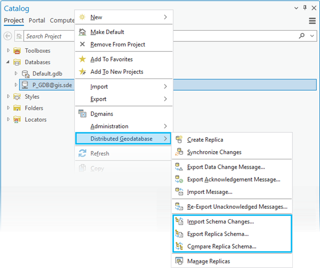 Herramientas de cambios de esquema a las que se puede acceder desde el menú contextual Geodatabase distribuida