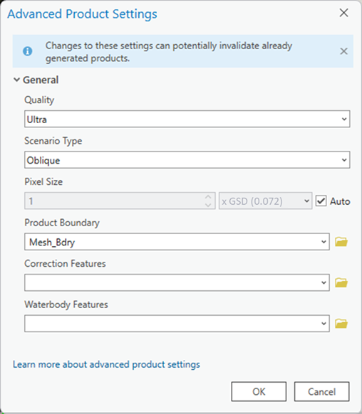 Ventana Configuración avanzada de productos para datos aéreos oblicuos