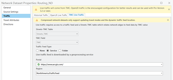 Cuadro de diálogo Propiedades de dataset de red para Routing_ND que muestra la configuración de tráfico en vivo de TMC