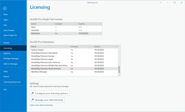 Panel de licenciamiento en el que se muestra la lista de extensiones de ArcGIS para StreetMap Premium