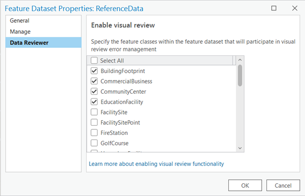 Cuadro de diálogo Propiedades de dataset de entidades con la pestaña Data Reviewer activa y la configuración Habilitar revisión visual