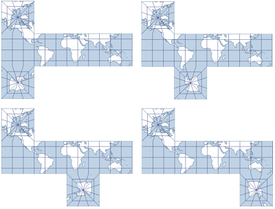 Ejemplos de la proyección Cubo con las opciones 0-3, respectivamente