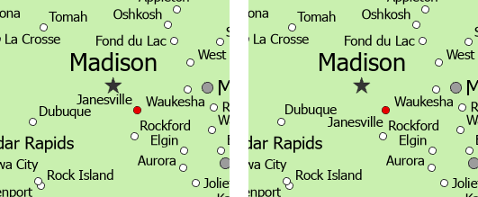 Dos mapas etiquetados que comparan la ubicación de una etiqueta en una posición ambigua y en una posición más clara