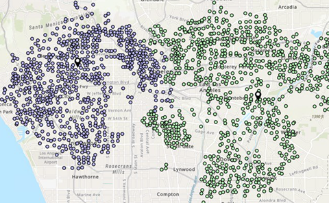 Antique store locations and their customers on the map.