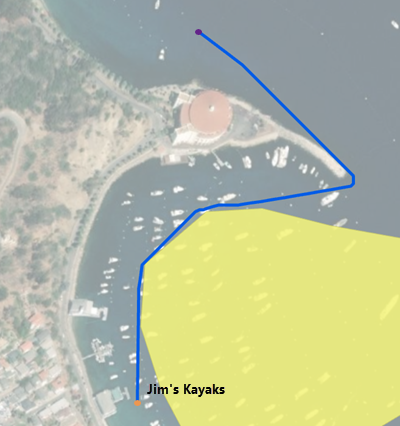Ruta que debe seguir un kayak para desplazarse por una península y volver al lugar de alquiler de kayaks