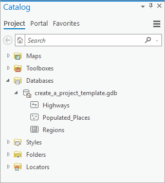 Contenido de la geodatabase del proyecto en el panel Catálogo