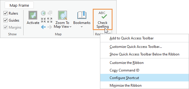 Menú contextual para un comando de cinta con Configurar acceso directo resaltado