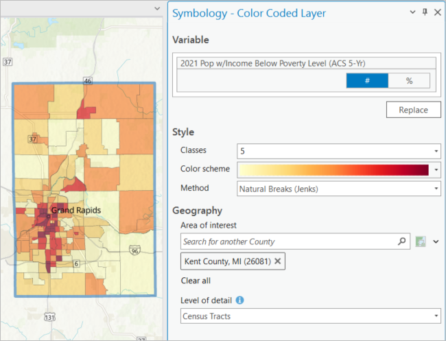 Panel Mapa y simbología para una capa codificada por colores