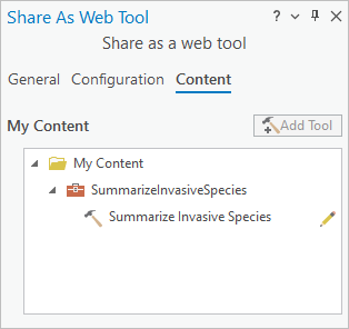 Pestaña Contenido del panel Compartir como herramienta web