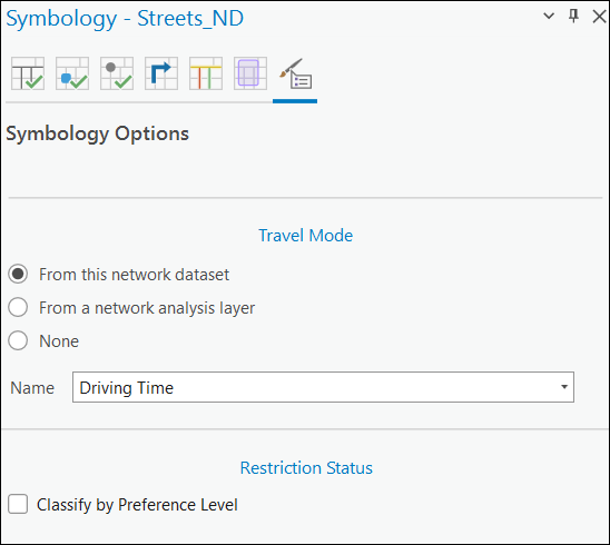 Elija el origen de modo de viaje para que sea un dataset de red o una capa de análisis de red y el nivel de preferencia de estado de restricción.