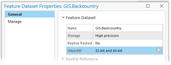 El cuadro de diálogo Propiedades del dataset de entidades, pestaña General, muestra el valor ObjectID como de 32 bits y 64 bits.