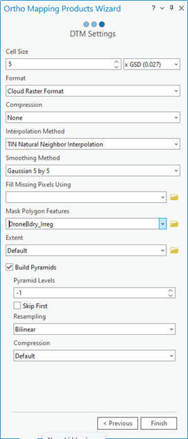 Configuración de DTM del asistente de Productos de representación cartográfica de ortofotos